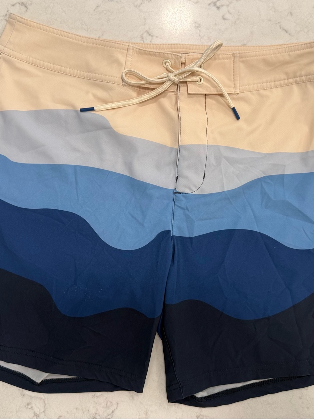 Marine Layer Men's Layered Wave Swim Shorts - Cream & Multiple Blues NWOT 34